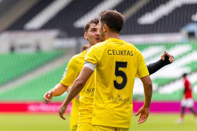 (L-R) Elias Rahn (SG Sonnenhof Grossaspach, 08) und Volkan Celiktas (SG Sonnenhof Grossaspach, 05) (Torschuetze) jubelt ueber das Tor zum 1:2 GER, TSV Havelse vs. SG Sonnenhof Grossaspach, Fussball, 3. Liga, 5. Spieltag, Spielzeit 2026 2027, 12.09.2026 DFL Regulations prohibit any use of photographers as image sequences and or quasi-video. GER, TSV Havelse vs. SG Sonnenhof Grossaspach, Fussball, 3. Liga, 5. Spieltag, Spielzeit 2026 2027, 12.09.2026 Hannover Copyright: xEibner-Pressefoto JanxRollingerx EP_JSK