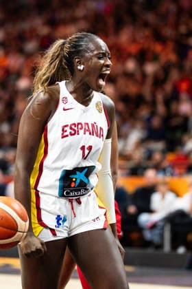 Awa Fam (Spanien, 11) jubelt Jubel, GER, Spanien vs. USA, Basketball, FIBA Women s World Cup 2026, Halbfinale, 12.09.2026 GER, Spanien vs. USA, Basketball, FIBA Women s World Cup 2026, Halbfinale, 12.09.2026 Berlin Copyright: xEibner-Pressefoto MaxxVincenx EP_MVN