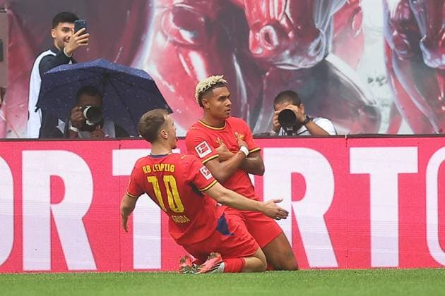 RB Leipzig - Hamburger SV Bundesliga Leipzig, 13.09.2026, Red Bull Arena, Fußball, Männer, Saison 2026 2027, 1. Bundesliga, 3. Spieltag, RB Leipzig - Hamburger SV , Im Bild: Tor für Leipzig, Torjubel nach dem 2:0, Torschütze Antonio Nusa (7, RB Leipzig) ,