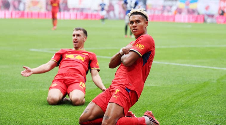 RB Leipzig - Hamburger SV Bundesliga Leipzig, 13.09.2026, Red Bull Arena, Fußball, 1.Bundesliga, 3.Spieltag , RB Leipzig vs. Hamburger SV , Im Bild: Tor für RB Leipzig. Antonio Nusa (7, RB Leipzig) trifft zum 2:0 und jubelt. , Nur zur redaktionellen Nutzung. Only editorial use. , DFL DFB regulations prohibit any use of photographs as image sequences and or quasi-video. ,