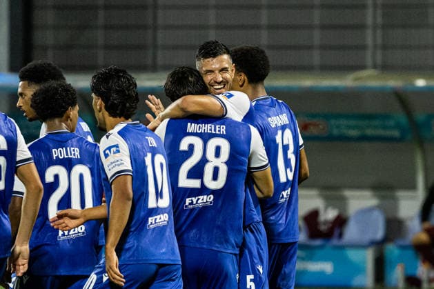 Deutschland: TSG Hoffenheim II vs Fortuna Köln, 3. Liga, Saison 2026 27, Dietmar-Hopp-Stadion (Sinsheim): Jubel TSG Hoffenheim nach Tor von Klaus Gjasula, (TSG Hoffenheim II, 5), Florian Micheler, (TSG Hoffenheim II, 28), Yasin Zor, (TSG Hoffenheim II, 10), Tiago Poller, (TSG Hoffenheim II, 20), Natnael Abraha, (TSG Hoffenheim II, 2), Tristan Spranger, (TSG Hoffenheim II, 13), Portraitfoto, Portrait, Einzelaufnahme, Porträt Sinsheim Dietmar-Hopp-Stadion Baden Württemberg Deutschland Copyright: xBenedictxChristx