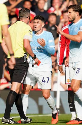 Manchester, England, 13th September 2026. Phil Foden of Manchester City is sent off during the Manchester United, ManU vs Manchester City Premier League match at Old Trafford, Manchester. Picture credit should read: Andrew Yates Sportimage EDITORIAL USE ONLY. No use with unauthorised audio, video, data, fixture lists, club league logos or live services. Online in-match use limited to 120 images, no video emulation. No use in betting, games or single club league player publications. SPI_131_AY_MAN_UTD_MAN_CITY SPI-4993-0119