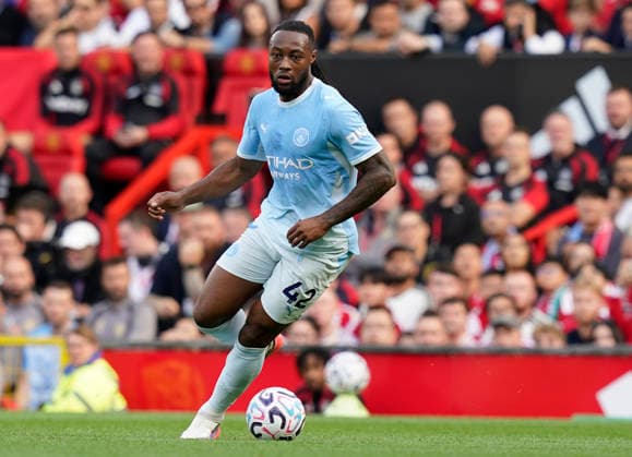 Manchester, England, 13th September 2026. Antoine Semenyo of Manchester City during the Manchester United, ManU vs Manchester City Premier League match at Old Trafford, Manchester. Picture credit should read: Andrew Yates Sportimage EDITORIAL USE ONLY. No use with unauthorised audio, video, data, fixture lists, club league logos or live services. Online in-match use limited to 120 images, no video emulation. No use in betting, games or single club league player publications. SPI_142_AY_MAN_UTD_MAN_CITY SPI-4993-0128