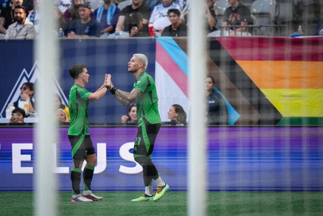 September 13, 2026, Vancouver, Bc, CANADA: Austin FC s Christian Ramirez, right, celebrates his goal with teammate Jorge Alastuey during the first half of an MLS, Fussball Herren, USA soccer match against the Vancouver Whitecaps, in Vancouver, on Sunday, Sept. 13, 2026. Canada News - September 13, 2026 - ZUMAc35_ 20260913_zaf_c35_125 Copyright: xDarrylxDyckx