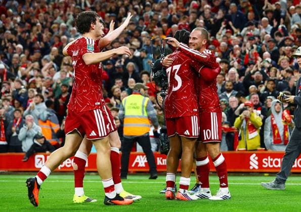 Alexis Mac Allister of Liverpool celebrates scoring the opening goal with their team-mates Liverpool v Tottenham Hotspur, EFL Carabao Cup, Football, Anfield, UK - 15 Sep 2026Liverpool Anfield United Kingdom EDITORIAL USE ONLY No use with unauthorised audio, video, data, fixture lists, club league logos or live services. Online in-match use limited to 120 images, no video emulation. No use in betting, games or single club league player publications. Copyright: xMattxWest Shutterstockx 17152603ag
