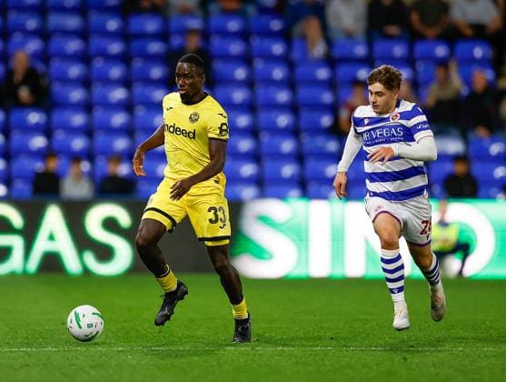 Michael Kayode of Brentford gets away from Josh Stokes of Reading Reading v Brentford, EFL Carabao Cup, Football, The Select Car Leasing Stadium, UK - 15 Sep 2026Reading The Select Car Leasing Stadium United Kingdom EDITORIAL USE ONLY No use with unauthorised audio, video, data, fixture lists, club league logos or live services. Online in-match use limited to 120 images, no video emulation. No use in betting, games or single club league player publications. Copyright: xMattxImpey Shutterstockx 17152698af