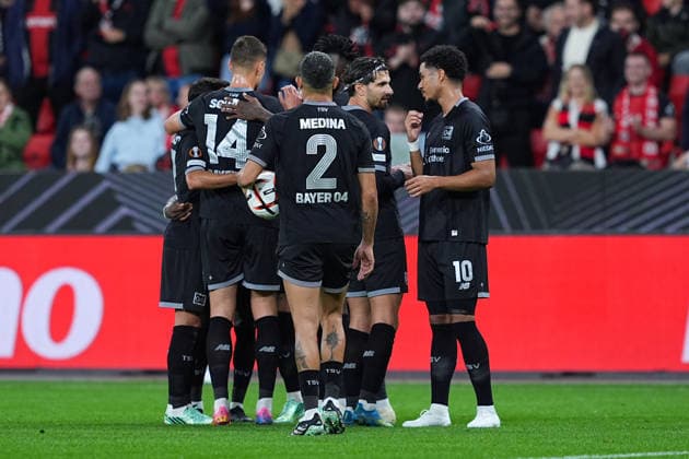 16.09.2026, xydrx, Herren, Fußball, Europa League, Bayer 04 Leverkusen - NK Celje, Saison 2026 2027, BayArena: Torjubel nach dem Tor zum 1:0 für Bayer 04 Leverkusen durch Torschütze Aleix Garcia (Bayer 04 Leverkusen, 24) zusammen mit Patrik Schick (Bayer 04 Leverkusen, 14) und Facundo Medina (Bayer 04 Leverkusen, 2) und Malik Tillman (Bayer 04 Leverkusen, 10) Regulations prohibit any use of photographs as image sequences and or quasi-video. Copyright: HMBxMedia YannisxDreimann