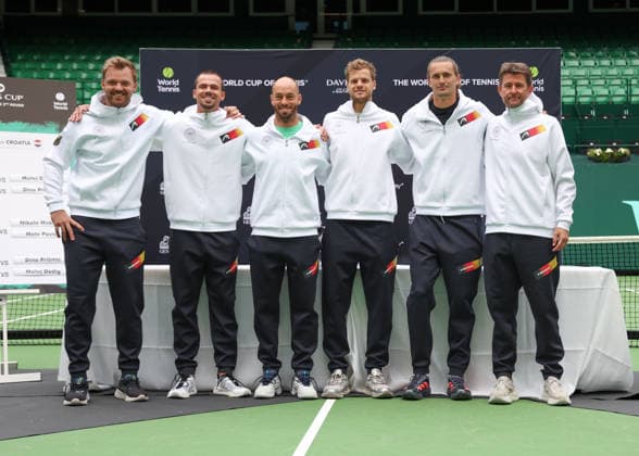 Davis Cup Draw Ceremony Germany vs. Croatia, Team Germany,L-R. Kevin Krawietz, Daniel Altmaier,TimPuetz, Yannick Hanfmann,Alexander Zverev, Captain Michael Kohlmann, Heristo Arena, Halle Westf., Germany Copyright: xJuergenxHasenkopfx