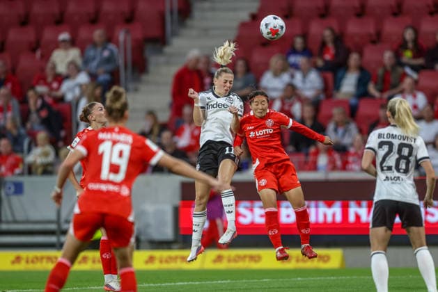 GER, Mainz, FSV Mainz 05 vs Eintracht Frankfurt, Google Pixel Frauen Bundesliga, Fussball, DFB, Spielzeit 2026 2027, MEWA Arena, 5. Spieltag im Bild v.l.: Nina Lührsen (Eintracht Frankfurt Frauen 11), Rio Takizawa (Mainz 05 Frauen 8) DFB DFL REGULATIONS PROHIBIT ANY USE OF PHOTOGRAPHS AS IMAGE SEQUENCES AND OR QUASI-VIDEO, 18.09.2026 Copyright: HMBxMedia HendrikxHamelau