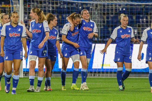 Chiara Marie Hahn (TSG 1899 Hoffenheim, 23), Torschützin zum 2:1, Tor und Torjubel, Gestik, Freude, Emotionen, Lisann Kaut (TSG 1899 Hoffenheim, 4), Bildmitte Fussball: Google Pixel Frauen-Bundesliga, 5. Spieltag, TSG 1899 Hoffenheim vs. VfL Wolfsburg am 18.09.2026 in Hoffenheim (Dietmar-Hopp-Stadion), Deutschland Hoffenheim Dietmar-Hopp-Stadion Deutschland Copyright: xFranzxReindelx