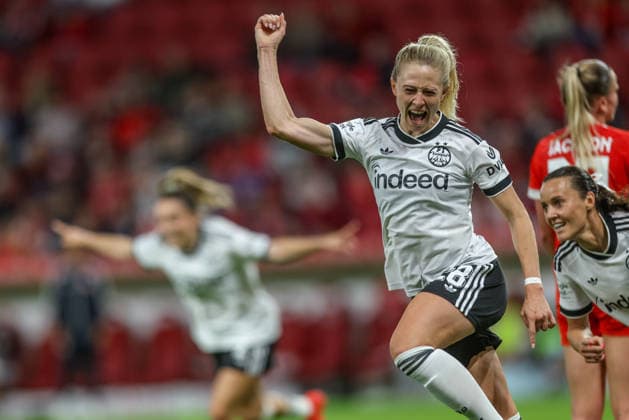 GER, Mainz, FSV Mainz 05 vs Eintracht Frankfurt, Google Pixel Frauen Bundesliga, Fussball, DFB, Spielzeit 2026 2027, MEWA Arena, 5. Spieltag im Bild: Rebecka Blomqvist (Eintracht Frankfurt Frauen 28), Tor, Jubel und Freude, Emotionen, 3:2 DFB DFL REGULATIONS PROHIBIT ANY USE OF PHOTOGRAPHS AS IMAGE SEQUENCES AND OR QUASI-VIDEO, 18.09.2026 Copyright: HMBxMedia HendrikxHamelau
