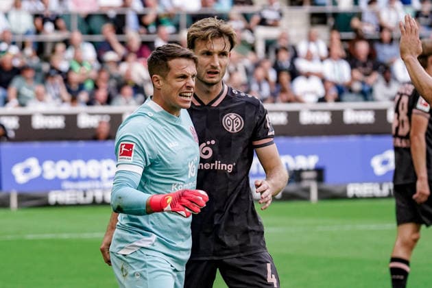 Deutschland: Fussball Saison 2026 2027 , 1. Bundesliga , 4. Spieltag , Borussia Mönchengladbach vs. 1. FSV Mainz 05 - ista-Borussia-Park (Mönchengladbach) : Alexander Schwollow (1. FSV Mainz 05, 1) Mimik, Gesichtsausdruck, Emotion, Freude, Jubel, Geste, Gestik, Emotion Mönchengladbach ista-Borussia-Park Deutschland Germany Copyright: xBennetxLongx