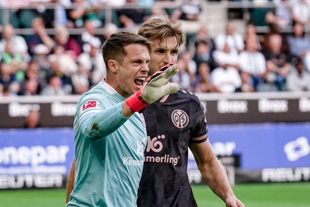 Deutschland: Fussball Saison 2026 2027 , 1. Bundesliga , 4. Spieltag , Borussia Mönchengladbach vs. 1. FSV Mainz 05 - ista-Borussia-Park (Mönchengladbach) : Alexander Schwollow (1. FSV Mainz 05, 1) Mimik, Gesichtsausdruck, Emotion, Freude, Jubel, Geste, Gestik, Emotion Mönchengladbach ista-Borussia-Park Deutschland Germany Copyright: xBennetxLongx