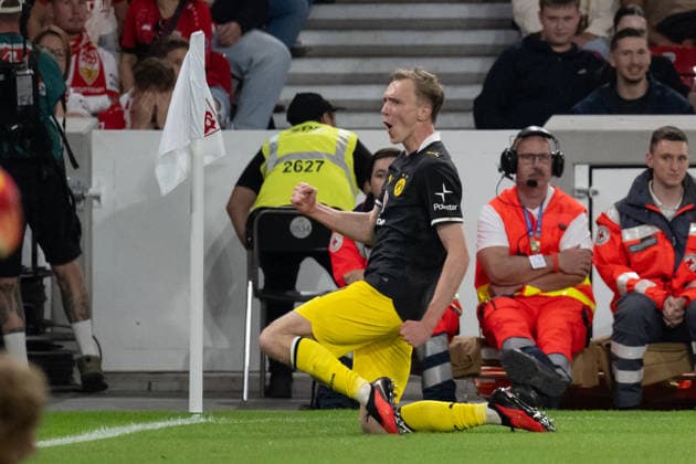 19.09.2026, GER, Fussball, Herren, 1. Bundesliga, Saison 2026 2027, 4. Spieltag, VfB Stuttgart vs. Borussia Dortmund Tor zum 0:1 durch Maximilian Beier ( Borussia Dortmund, 14 ), Jubel, Torjubel, bejubelt sein Tor. DFB DFL regulations prohibit any use of photographs as image sequences and or quasi-video. Stuttgart MHP Arena Baden-Württemberg Deutschland Copyright: xNordphoto WolfgangxFrankx