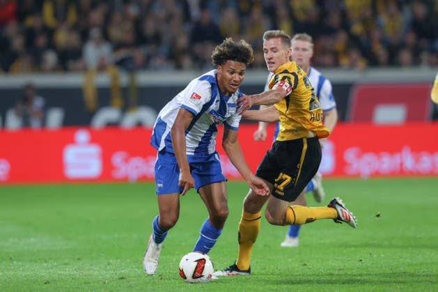 19.09.2026, xtgx, Fussball 2. Bundesliga, SG Dynamo Dresden - Hertha BSC Berlin, v.l. Oluwaseun Adewumi (Hertha, 19), Niklas Hauptmann (Dresden, 27) Zweikampf, Duell, Kampf, tackle (DFL DFB REGULATIONS PROHIBIT ANY USE OF PHOTOGRAPHS as IMAGE SEQUENCES and or QUASI-VIDEO) Dresden
