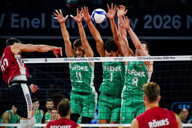 Volleyball - CEV EuroVolley 2026, Play Offs - 1 8-finals - Germany vs Bulgaria - 09.19.2026 SOFIA, BULGARIA - September 19th: Aleks Grozdanov, 11 of Bulgaria, Simeon Nikolov, 1 of Bulgaria and Asparuh Asparuhov, 8 of Bulgaria during CEV EuroVolley 2026, Play Offs - 1 8-finals match between Germany vs Bulgaria at Arena 8888 in Sofia, Bulgaria, on September 19th, 2026 in Sofia, Bulgaria. Copyright: xYulianxTodorovx