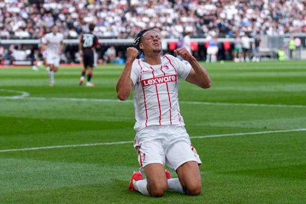 Derry Scherhant (SC Freiburg, 07) Torjubel, Emotionen, Torschuss, Abschluss, Torerfolg, Tor, Treffer , Deutschland, Fussball, 1. Bundesliga, 4.Spieltag, 2026 2027, Eintracht Frankfurt vs. SC Freiburg, 19.09.2026, Deutsche Bank Park, Frankfurt Frankfurt Deutsche Bank Park Hessen Deutschland Copyright: xArnexAmbergx
