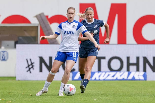 v.li.: Lotte Masseling (SV Meppen, 11) und Sophia Gerber (SC Sand, 18) im Zweikampf, Duell, Dynamik, Aktion, Action, Spielszene, DIE DFB-RICHTLINIEN UNTERSAGEN JEGLICHE NUTZUNG VON FOTOS ALS SEQUENZBILDER UND ODER VIDEOÄHNLICHE FOTOSTRECKEN. DFB REGULATIONS PROHIBIT ANY USE OF PHOTOGRAPHS AS IMAGE SEQUENCES AND OR QUASI-VIDEO., 20.09.2026, Meppen (Deutschland), Fussball, 2. Frauen-Bundesliga, SV Meppen - SC Sand