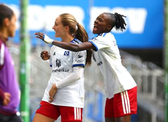 20.09.2026, xcex, GER, Hamburg, Volksparkstadion, Frauenfussball, 1. Bundesliga, DIE LIGA, Google Pixel Frauen-Bundesliga Saison 2026 2027, Spieltag 5, HSV, FCN, Hamburger SV - 1. FC Nuernberg, Torjubel Camilla Linberg (HSV), Jubel, Freude, Emotionen, goal celebration, Magou Doucoure (HSV) DFL regulations prohibit any use of photographs as image sequences and or quasi-video