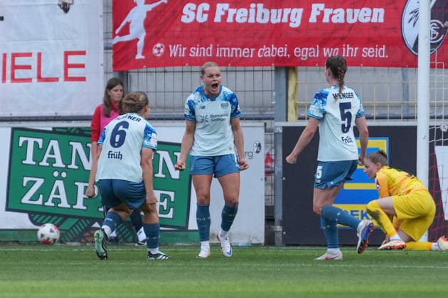 Cornelia Kramer (Bayer 04 Leverkusen, 07) Torjubel, Emotionen, Jubel, Torerfolg, Abschluss, Treffer , Deutschland, Fussball, GooglePixel Frauen-Bundesliga, 5.Spieltag, 2026 2027, SC Freiburg vs. Bayer 04 Leverkusen, 20.09.2026, Dreisamstadion, Freiburg Freiburg Dreisamstadion Baden-Wuerttemberg Deutschland Copyright: xArnexAmbergx