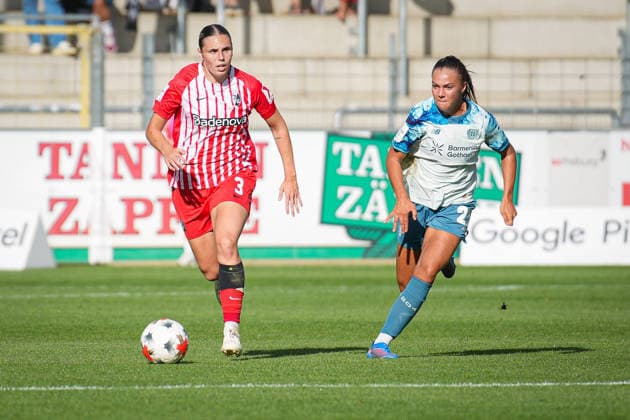 Fussball, Google Pixel Frauen-Bundesliga, 5. Spieltag, 2026 2027, SC Freiburg vs. Bayer 04 Leverkusen, 20.09.2026, Dreisamstadion, Freiburg, Alina Axtmann (SC Freiburg, 03) Maja Sternad (Bayer 04 Leverkusen, 23) Freiburg Dreisamstadion Baden-Württemberg Deutschland Copyright: xFINLEYxMÖRCHx