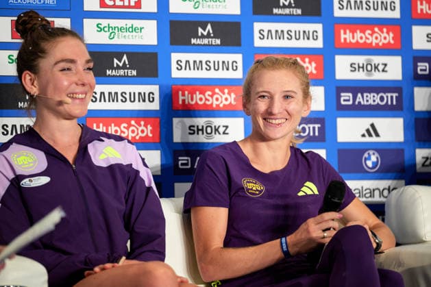 v.l. Anna Langerwisch, (GER), beste deutsche Laeuferin, und Kristina Hendel, (GER), im Interview, Pressekonferenz, GER, BMW Generali Berlin Marathon 2026, 27.09.2026 GER, BMW Generali Berlin Marathon 2026, 27.09.2026 Berlin