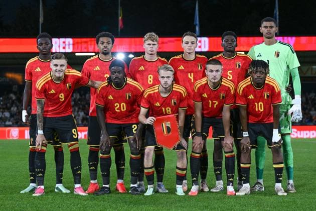 260924 Belgium U21, U 21 vs Wales U21 players of Belgium with Jesse Bisiwu (22) of Belgium, Lucas Noubi (3) of Belgium, Arthur Piedfort (8) of Belgium, Matte Smets (4) of Belgium, Josue Ndenge Kongolo (5) of. Belgium, goalkeeper Lucca Brughmans (1) of Belgium, Norman Bassette (9) of Belgium, Richie Sagrado (20) of Belgium, Arthur Vermeeren (18) of Belgium, Romeo Vermant (17) of Belgium and Samuel Mbangula (10) of Belgium pose for a team photo during a soccer game between the Under 21 national teams of Belgium and Wales on matchday 11 in group I in the qualifying of the UEFA Under 21 Championship , on Tuesday 29 September 2026 in Westerlo , Belgium .(Photo by David Catry Isosport) Westerlo Belgium Copyright: xDavidxCatryx 20260929DC2_9483