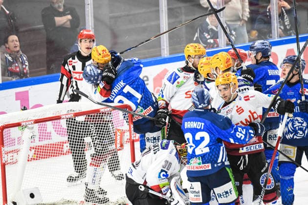 Straubing Tigers vs. Pinguins Bremerhaven, Eishockey, Deutsche Eishockey Liga, Penny DEL, 5.Spieltag, Saison 2026 2027, 02.10.2026 Hudson Elynuik (Straubing Tigers)beim Handgemenge mit Christian Wejse (Pinguins Bremerhaven), Eishockey Herren, Deutsche Eishockey Liga, Penny DEL, 5.Spieltag, Saison 2026 2027 am 02.10.2026 im Eisstadion am Pulverturm, Straubing Tigers (blau) gegen Pinguins Bremerhaven (weiss)