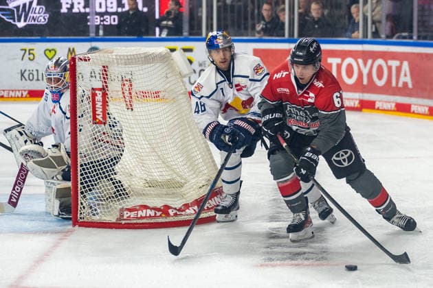 Zweikampf zwischen Lucas Thaler (EHC Red Bull Muenchen, 48) und Markus Ljungh (Koelner Haie, 61). Dabei Mathias Niederberger (RHC Red Bull Muenchen, 35). Koelner Haie vs. EHC Red Bull Muenchen, Eishockey, Penny DEL, 05. Spieltag, Saison 2026 2027, 02.10.2026 Koelner Haie vs. EHC Red Bull Muenchen, Eishockey, Penny DEL, 05. Spieltag, Saison 2026 2027, 02.10.2026 Koeln Copyright: xEibner-Pressefoto ThomasxHaeslerx EP_THR