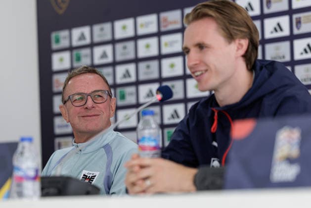 SOCCER - NL, KOS vs AUT PRISTINA,KOSOVO,03.OCT.26 - SOCCER - UEFA Nations League, OEFB international match, Länderspiel, Nationalmannschaft Kosovo vs Austria, preview, press conference, PK, Pressekonferenz team AUT. Image shows head coach Ralf Rangnick and Patrick Wimmer (AUT). GEPAxpictures xArminxRauthner