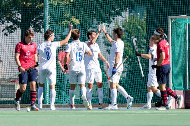 Spieler vom Mannheimer HC (MHC), jubeln über das Tor zum 3:0, Jubel, Torjubel, Torerfolg, celebrate the goal, goal, celebration, jubelt ueber das Tor, Freuen, Freude, freut sich, optimistisch, positiv, Spielszene, Highlight, Action, Aktion, 03.10.2026, Mannheim (Deutschland), Hockey, 1. Bundesliga, Herren, Mannheimer HC - Berliner HC