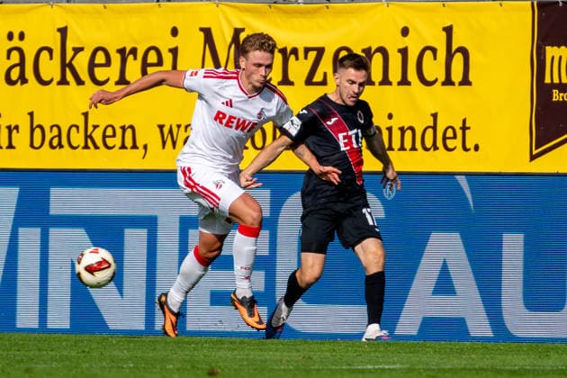 Zweikampf zwischen Sebastian Sebulonsen (1. FC Koeln, 28) und Marco Pledl (Viktoria Koeln, 17). FC Viktoria Koeln vs. FC Hansa Rostock , Fussball, 3. Liga, 05. Spieltag, Saison 2026 2027, 11.09.2026 DFL DFB Regulations prohibit any use of Photographs as image sequences and or Quasivideo FC Viktoria Koeln vs. FC Hansa Rostock, Fussball, 3. Liga, 05. Spieltag, Saison 2026 2027, 11.09.2026 Koeln Copyright: xEibner-Pressefoto ThomasxHaeslerx EP_THR