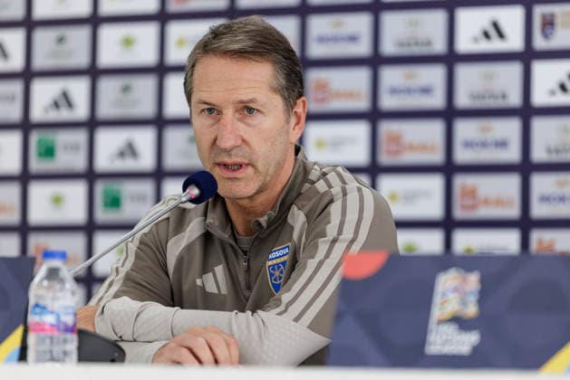 SOCCER - NL, KOS vs AUT PRISTINA,KOSOVO,03.OCT.26 - SOCCER - UEFA Nations League, OEFB international match, Länderspiel, Nationalmannschaft Kosovo vs Austria, preview, press conference, PK, Pressekonferenz team KOS. Image shows head coach Franco Foda (KOS). GEPAxpictures xArminxRauthner