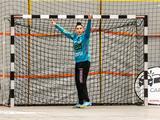 Mikaela Sobrinho Possatti (Frisch Auf Frauen, 01) jubelt, SG Nürtingen-Zizishausen vs. Frisch Auf Goeppingen, Handball, DHB-Pokal, Spielzeit 2026 2027, 03.10.2026 SG Nürtingen-Zizishausen vs. Frisch Auf Goeppingen, Handball, DHB-Pokal, Spielzeit 2026 2027, 03.10.2026 Nuertingen Copyright: xMichaelxSchmidt Eibner-Pressefotx EP_MST