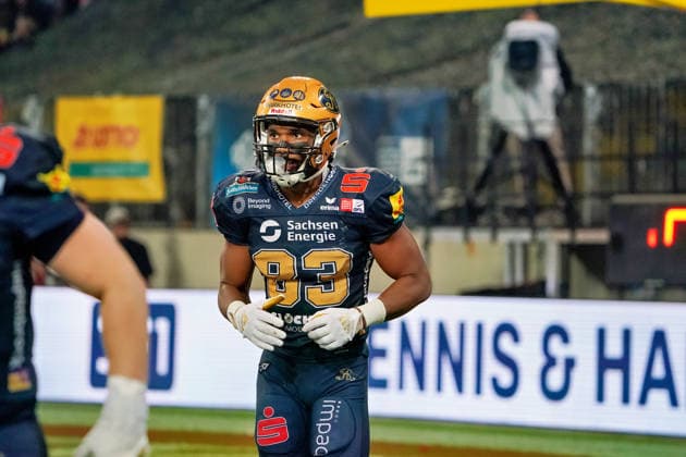Wide Receiver Tyler Hudson (Dresden Monarchs, 83) Dresden Monarchs vs. Potsdam Royals, American Football, German Football League, GFL Bowl, Saison 2026, 03.10.2026 Dresden Monarchs vs. Potsdam Royals, American Football, German Football League, GFL Bowl, Saison 2026, 03.10.2026 Dresden Copyright: xEibner-Pressefoto PiaxSchindlerx EP_PSR