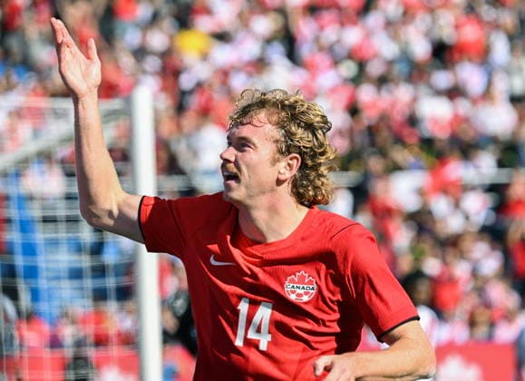 October 3, 2026, Montreal, Pq, Canada: Canada s Jacob Shaffelburg (14) celebrates after scoring against Peru during first half International Friendly, Länderspiel, Nationalmannschaft soccer action in Montreal, on Saturday, Oct. 3, 2026. Canada News - October 3, 2026 - ZUMAc35_ 20261003_zaf_c35_030 Copyright: xGrahamxHughesx