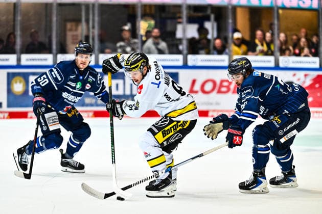 Roope Maekitalo (Krefeld Pinguine, 91) Peter Spornberger (Iserlohn Roosters, 50) Jakub Borzecki (Iserlohn Roosters, 29), GER, Iserlohn Roosters vs. Krefeld Pinguine, Eishockey, Penny-DEL, 06. Spieltag, Spielzeit 2026 2027, 04.10.2026, GER, Iserlohn Roosters vs. Krefeld Pinguine, Eishockey, Penny-DEL, 06. Spieltag, Spielzeit 2026 2027, 04.10.2026 Iserlohn Copyright: xJonasxBrockmann Eibner-Pressefotox EP_JBN