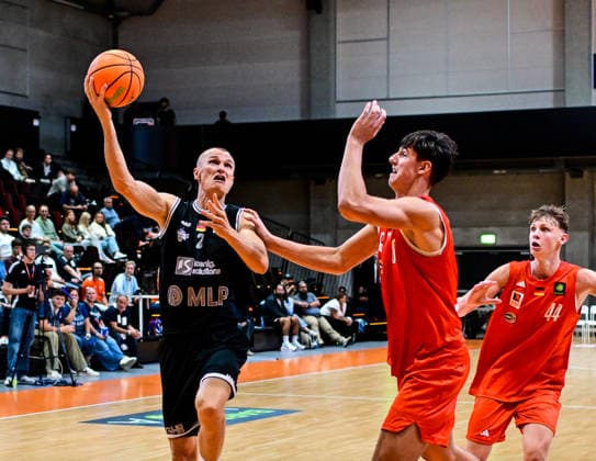 04.10.2026, GER, Basketball, Herren, 2.BL ProA, Saison 2026 2027, 3. Spieltag, OrangeAcademy vs MHP Academics Heidelberg Niklas Würzner (Heidelberg, 2), Felix Kiehlneker (OrangeAcademy, 6) Neu-Ulm Orange Campus Bayern Deutschland Copyright: xNordphotox xHafnerx