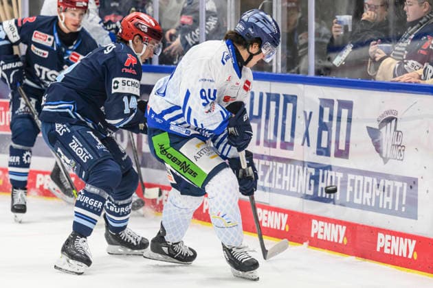 im Bild v.l. : Curtis Valk vs Jamieson Rees (Straubing Tigers), Zweikampf, Action, Kampf, kaempft um den Puck, GER, BW, VS, Penny DEL, Eishockey Liga, Spieltag 6, Schwenninger Wild Wings vs Straubing Tigers in der Helios Arena in Villingen-Schwenningen, 04.10.2026, Copyright: HMBxMedia UwexKoch