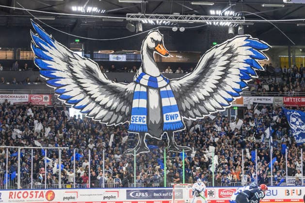 im Bild v.l. : Schwan, Choreo, SERC, BWP in der Fankurve, GER, BW, VS, Penny DEL, Eishockey Liga, Spieltag 6, Schwenninger Wild Wings vs Straubing Tigers in der Helios Arena in Villingen-Schwenningen, 04.10.2026, Copyright: HMBxMedia UwexKoch