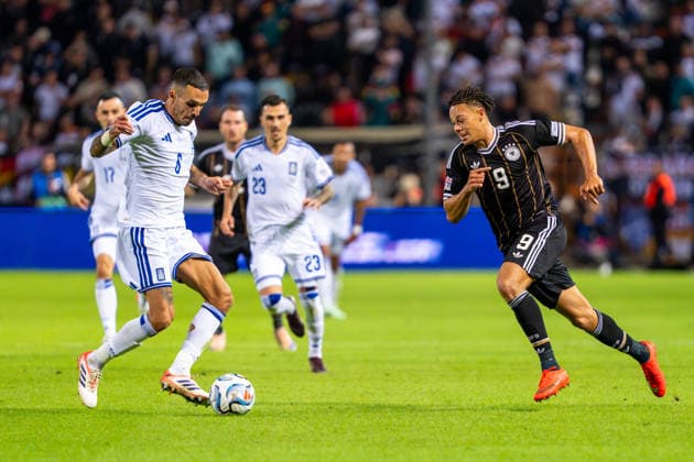 Dimitris Kourbelis (Griechenland, 06) und Derry Scherhant (Deutschland, Germany, 09) Griechenland vs. Deutschland, Fussball, UEFA Nations Leauge, 4. Spieltag, Saison 2026 2027, 04.10.2026 Griechenland vs. Deutschland, Fussball, UEFA Nations Leauge, 4. Spieltag, Saison 2026 2027, 04.10.2026 Thessaloniki Copyright: xEibner-Pressefoto J.xDerondeaux EP_JDU