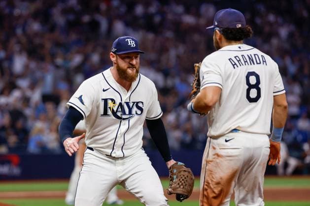 October 5, 2026, St. Petersburg, Florida, USA: Tampa Bay Rays pitcher Bryan Baker (47) celebrates with first baseman Jonathan Aranda (8), when the Rays defeat the New York Yankees, 5-2, during the end of the game at Tropicana Field on Monday, Oct. 5, 2026, in St. Petersburg. Florida News - October 5, 2026 - ZUMAs70_ 0868678090st Copyright: xJeffereexWoox