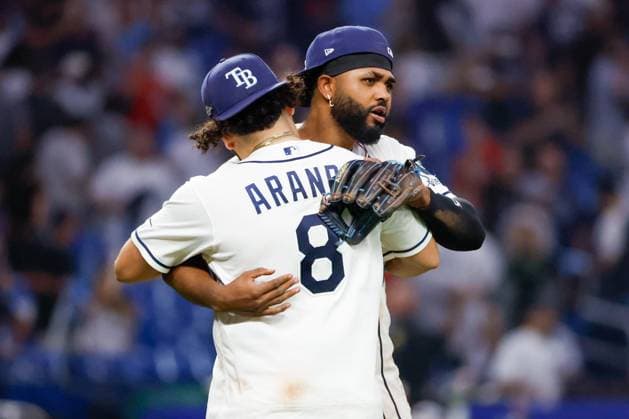 October 5, 2026, St. Petersburg, Florida, USA: Tampa Bay Rays third baseman Junior Caminero (13) and first baseman Jonathan Aranda (8) hug, when the Rays defeat the New York Yankees, 5-2, during the end of the game at Tropicana Field on Monday, Oct. 5, 2026, in St. Petersburg. Florida News - October 5, 2026 - ZUMAs70_ 0868678094st Copyright: xJeffereexWoox