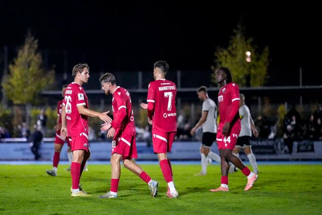 v.li.: Max Christiansen (SVS, 26), Tim Korzuschek (SVS, 18), David Mamutovic (SVS, 7), Gaoussou Dabo (SVS, 44), Spieler vom SV Sandhausen (SVS), jubeln über das Tor zum 0:3, Jubel, Torjubel, Torerfolg, celebrate the goal, goal, celebration, jubelt ueber das Tor, Freuen, Freude, freut sich, optimistisch, positiv, Spielszene, Highlight, Action, Aktion, 06.10.2026, Brühl (Deutschland), Fussball, bfv-Pokal, Achtelfinale, FV 1918 Brühl - SV Sandhausen