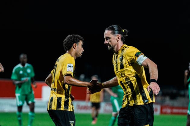Jubel, Tor, Freude, feiern, Spass, Emotionen, Mehdi Loune (Alemannia Aachen, 10) und Valmir Sulejmani (Alemannia Aachen, 38), Deutschland, Fußball, Herren - Mittelrheinpokal (FVM) Saison 2026 2027, 2. Runde: SV Grün - Weiß Brauweiler vs TSV Alemannia Aachen (Ulrich - Haberland - Stadion, Leverkusen) Copyright: xThiemoxRudolphx