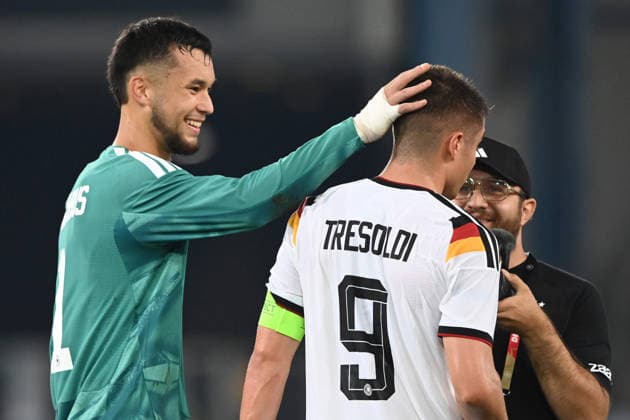 Schlussjubel, Jubel, jubeln, Freude, cheers, Torwart Mio BACKHAUS (GER) und Nicolo TRESOLDI (GER) Fussball Laenderspiel, U21, U 21 EM-Qualifikation, Deutschland - Georgien 2-0 am 06.10.2026, Schueco-Arena Bielefeld, Â