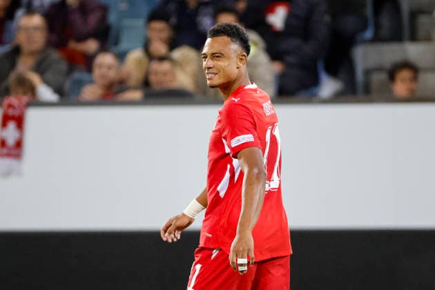 Dan Ndoye (Schweiz, 11), Mimik, Gesichtsausdruck, Emotion , Schweiz, UEFA , Nations League, Matchday 4, Schweiz vs. Nordmazedonien, 06.10.2026, Luzern Swissporarena Schweiz Copyright: xGrantxHubbsx