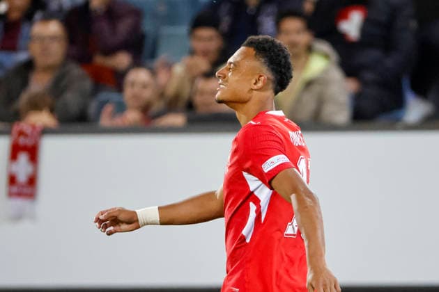 Dan Ndoye (Schweiz, 11), Mimik, Gesichtsausdruck, Emotion , Schweiz, UEFA , Nations League, Matchday 4, Schweiz vs. Nordmazedonien, 06.10.2026, Luzern Swissporarena Schweiz Copyright: xGrantxHubbsx