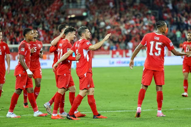 Torjubel Schweiz beim 1:0 durch Fabian Rieder (Schweiz, 22), Freude, Begeisterung, positive Emotionen, Torerfolg , Schweiz, UEFA , Nations League, Matchday 4, Schweiz vs. Nordmazedonien, 06.10.2026, Luzern Swissporarena Schweiz Copyright: xGrantxHubbsx