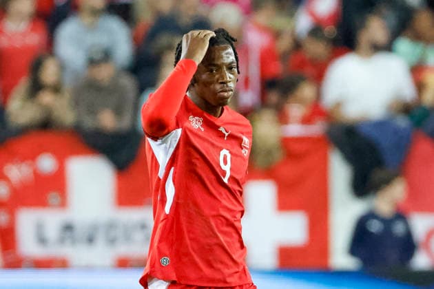 Johan Manzambi (Schweiz, 09), Mimik, Gesichtsausdruck, Emotion , Schweiz, UEFA , Nations League, Matchday 4, Schweiz vs. Nordmazedonien, 06.10.2026, Luzern Swissporarena Schweiz Copyright: xGrantxHubbsx